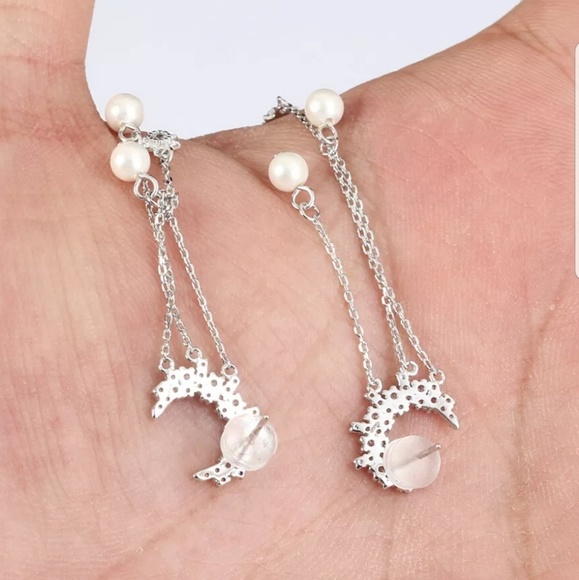 Moon & stars white Topaz & pearl dangle earrings - Picture 3 of 3